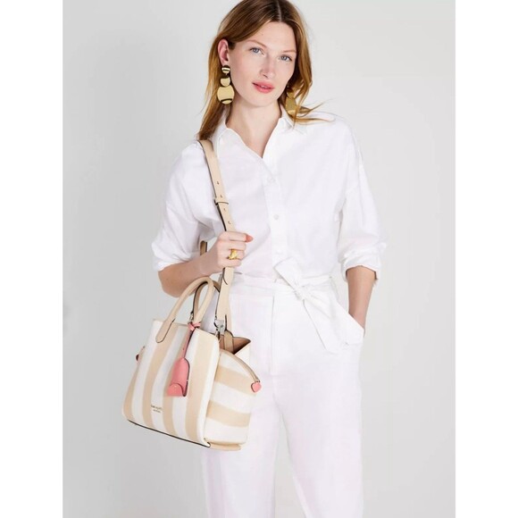 New Kate Spade Avenue Awning Stripe Medium Satchel Warm Stone - Picture 3 of 5